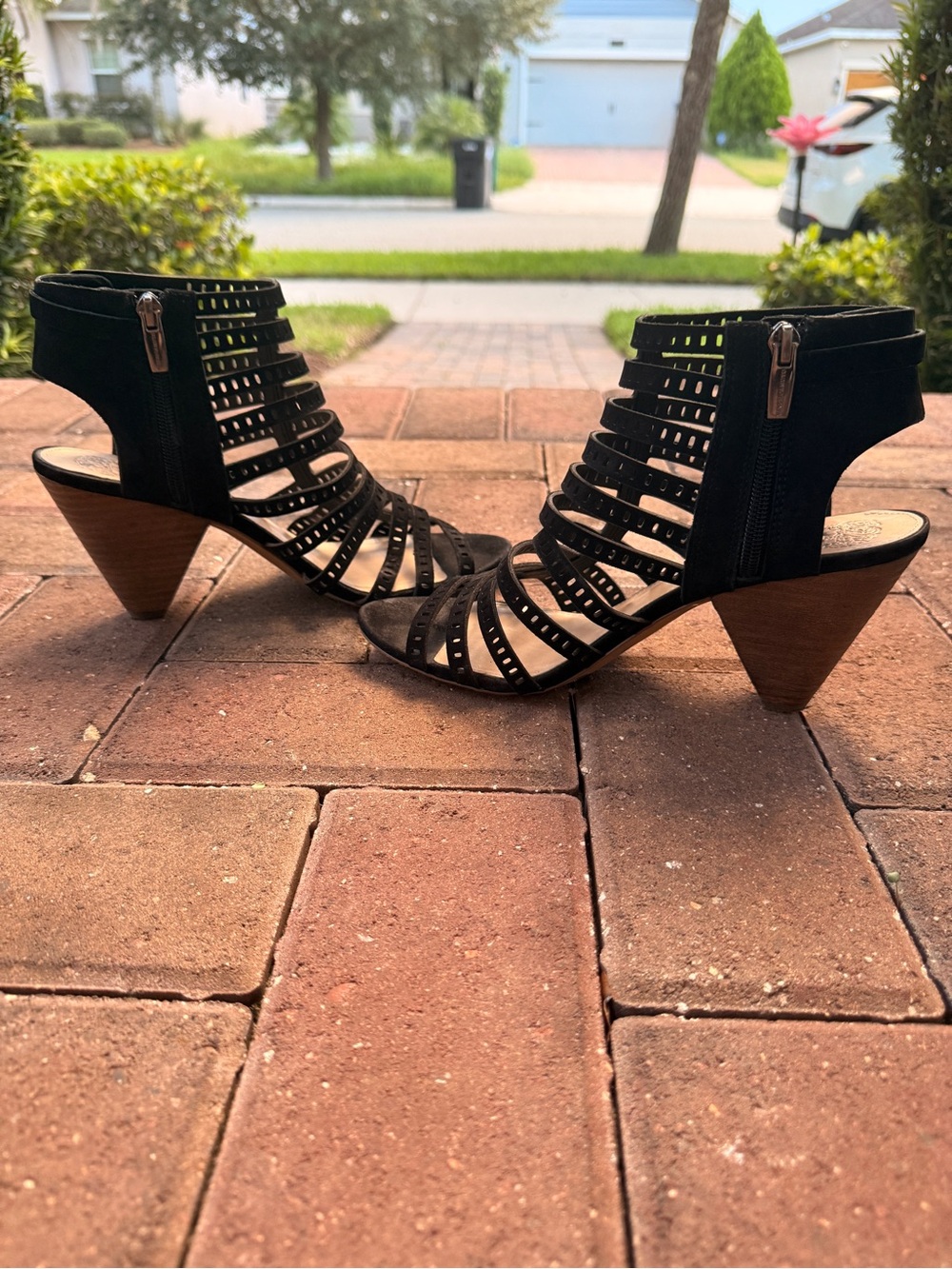 Vince Camuto Black Strappy Cutout Cone Heel Sandals